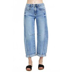 Risen Jeans RDP5901 High Rise Barrel Medium Wash Adjustable Cuff Hem Size 30/11